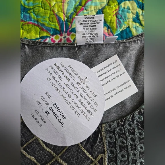 NWT Parsley&Sage 3X Grey blue & yellow Cotton, Rayon embroidered tank top - Picture 5 of 6